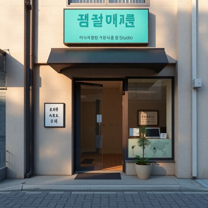스튜디오 인천 입구 — 틸 톤 안내 표지판이 있는 스튜디오 외관