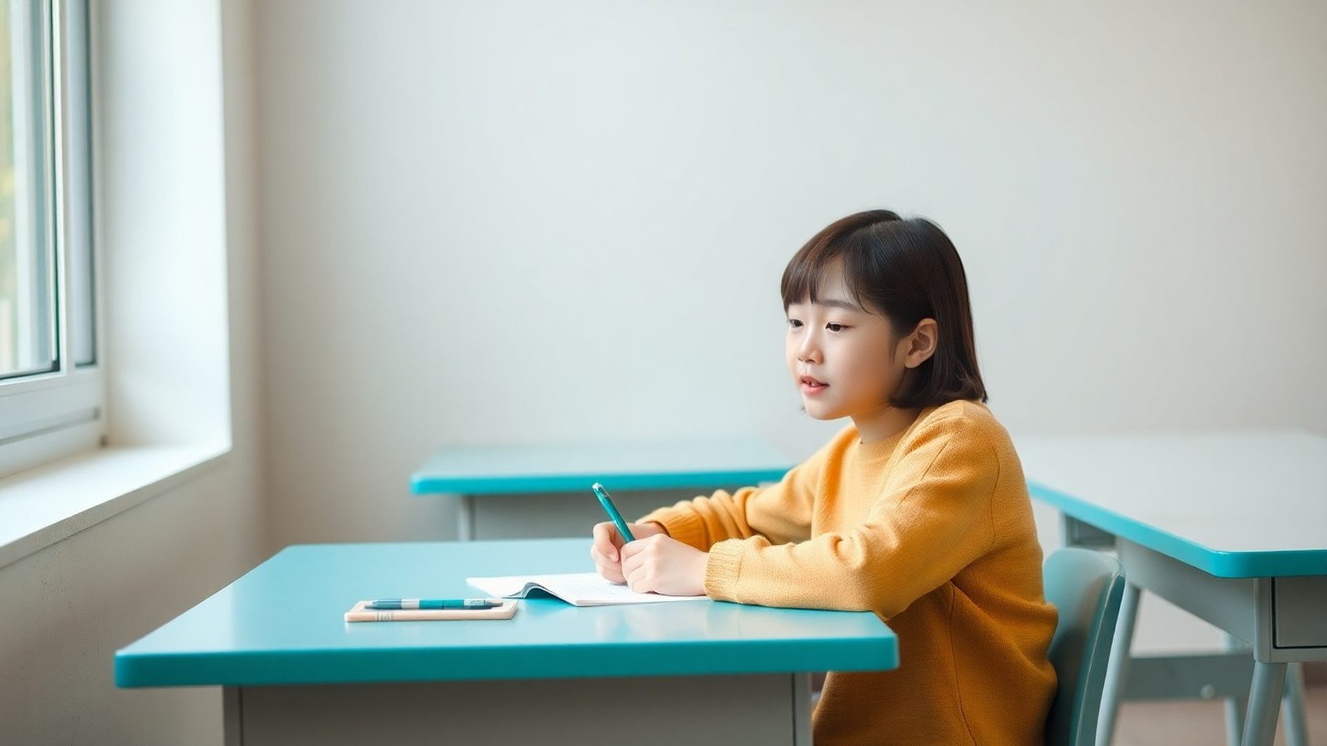 수원 스튜디오 인천의 밝은 교실에서 공부하는 학생